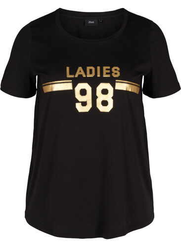 Cotton t-shirt with print on the chest, Black LADIES 98, Packshot image number 0