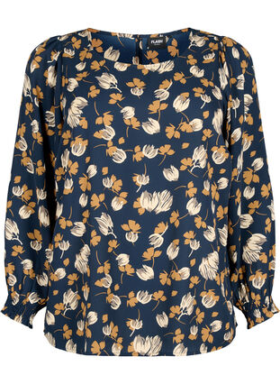 FLASH - Long sleeved blouse with smock and print, Navy Brown Flower, Packshot image number 0