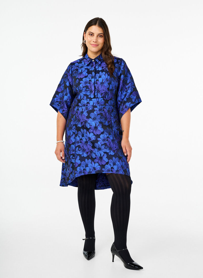 Short jacquard dress with 3/4 sleeves, Black Blue, Model image number 3