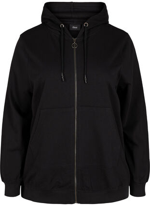 Sweat cardigan with hood and pocket, Black, Packshot image number 0