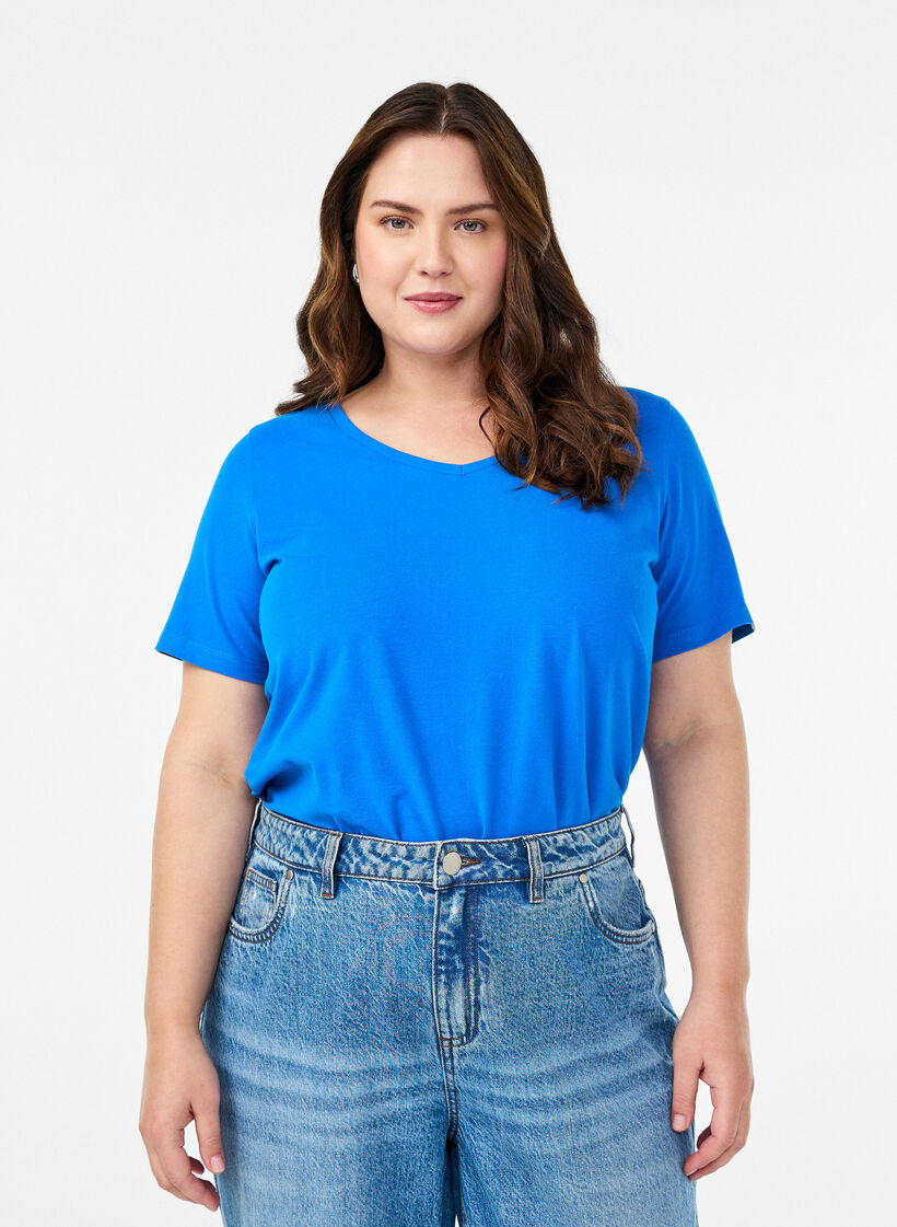Solid-coloured basic cotton T-shirt, Blue, Model image number 0