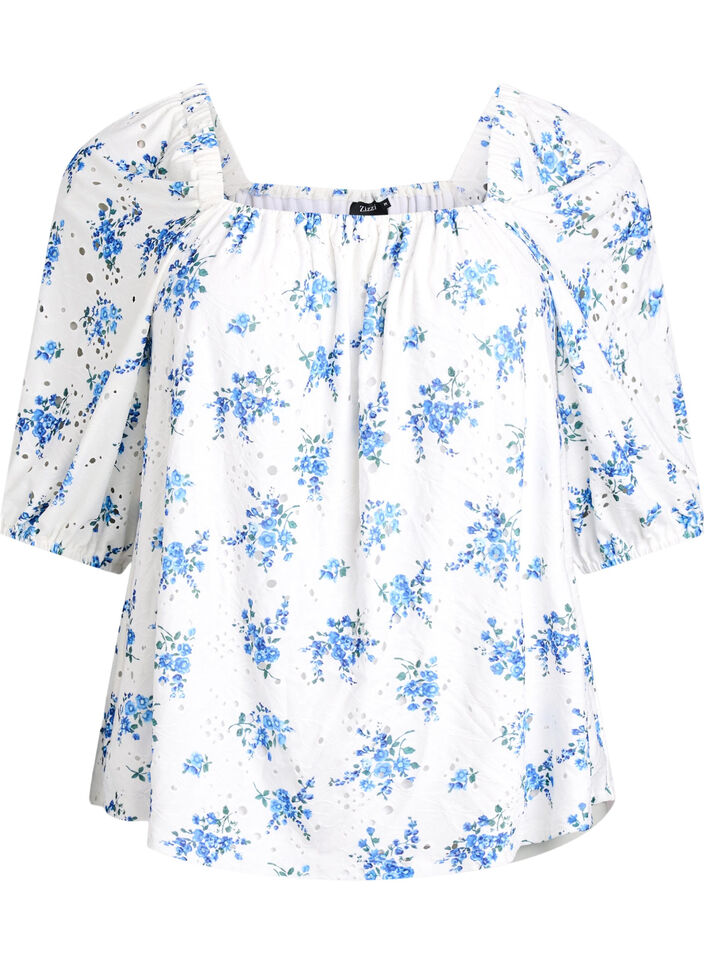 Floral blouse with a square neckline and eyelet embroidery, White, Packshot image number 0