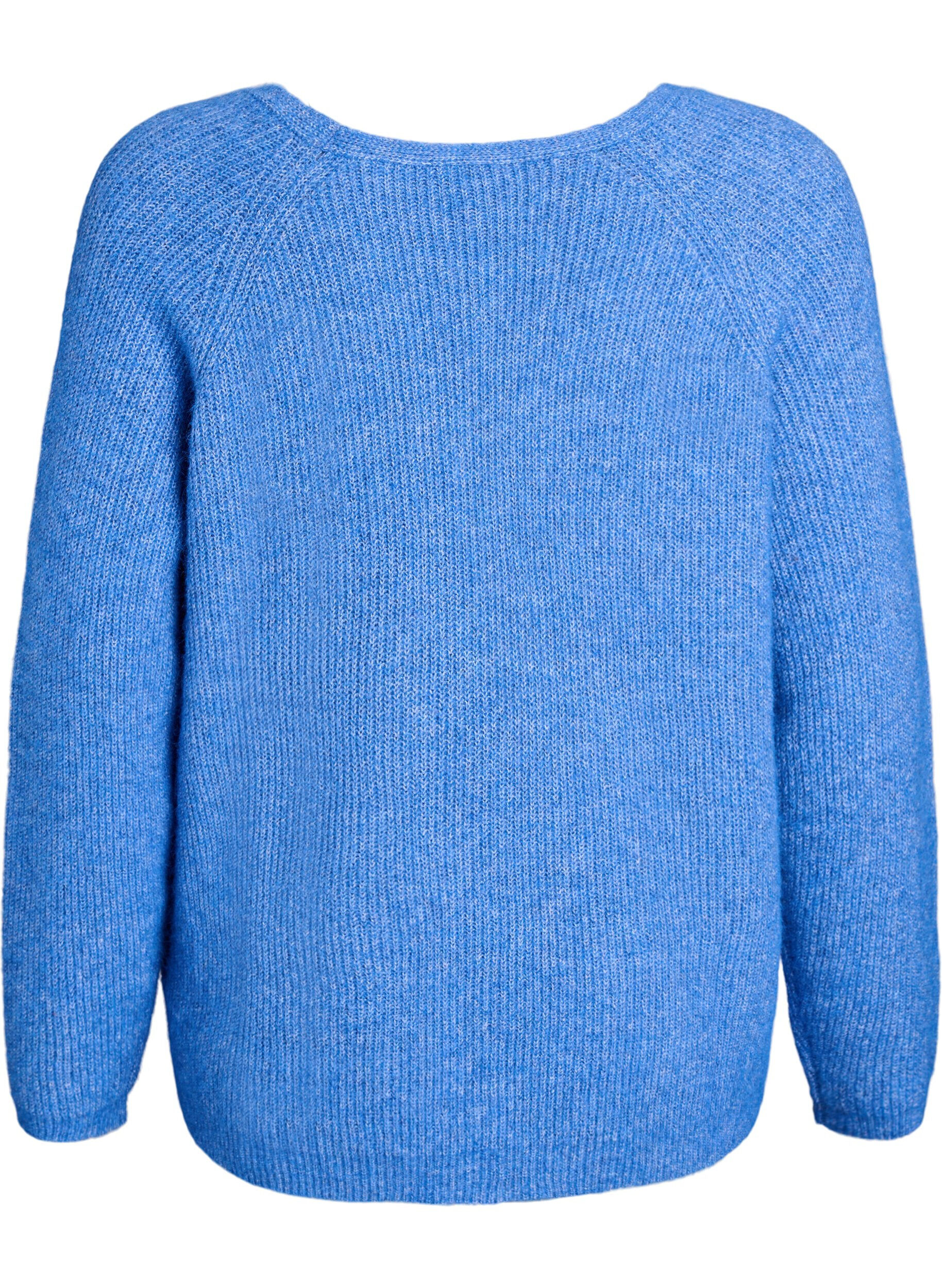ZizzifashionKnitted blouse with V-neck and raglan sleeves, Blue, Packshot image number 1
