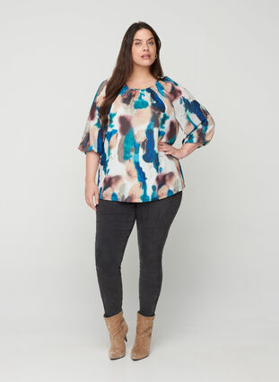 Printed blouse with 3/4 sleeves and tie detail, Reflecting Pond, Model image number 2