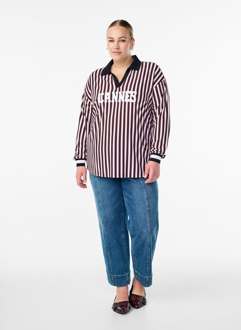 Polo shirt with stripes and text print, Dark Bordeaux, Model image number 1