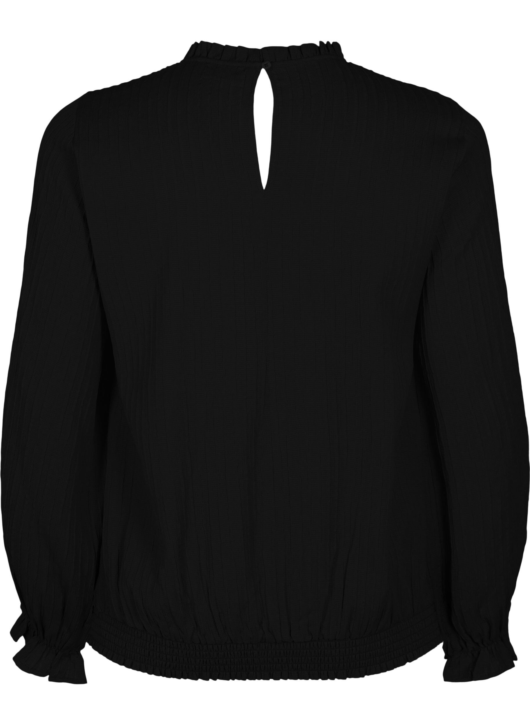Zizzifashion Smock blouse with ruffles and texture, Black, Packshot image number 1