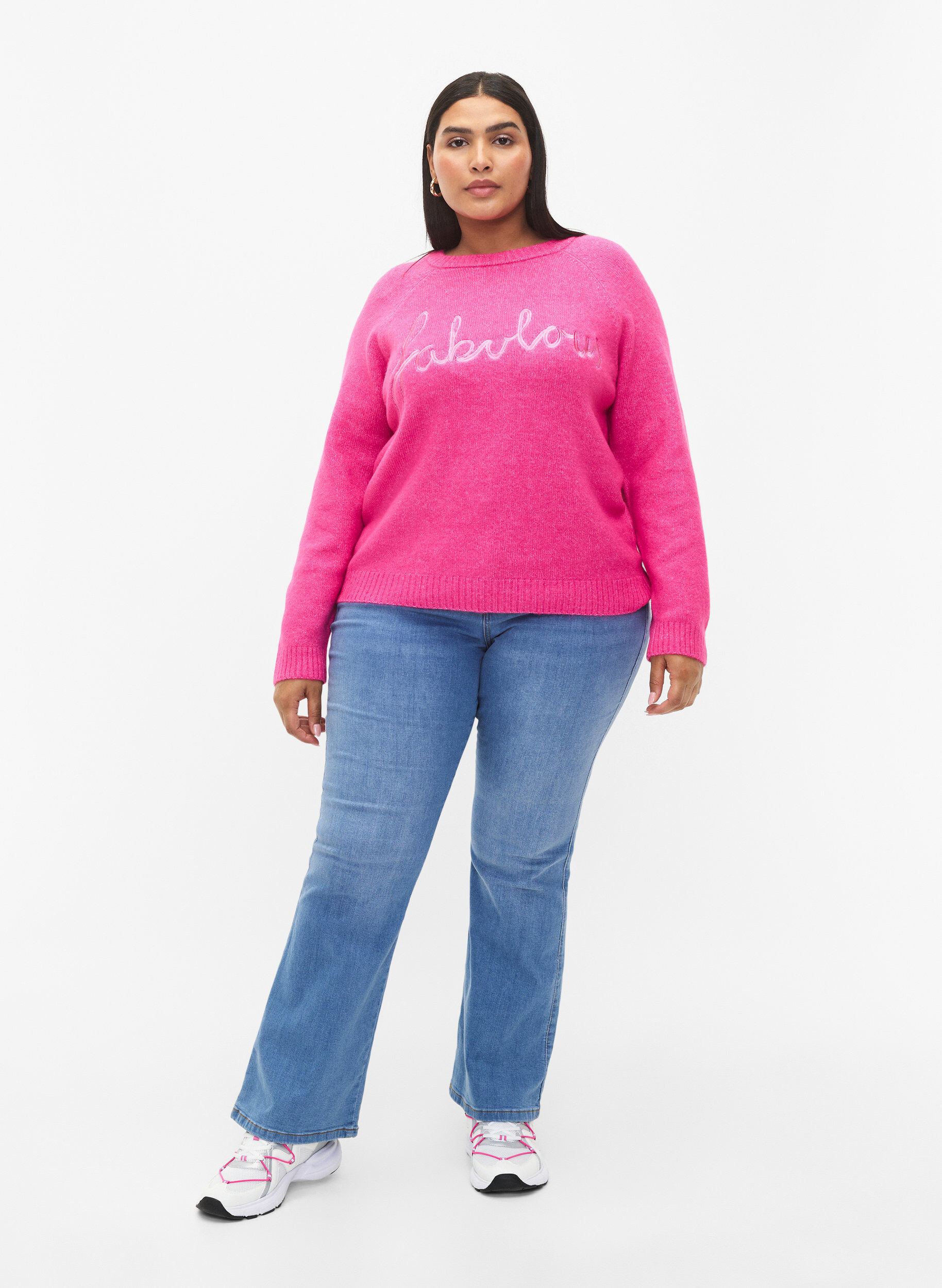 Zizzifashion Knitted blouse with embroidered text, Raspberry Rose, Model image number 2