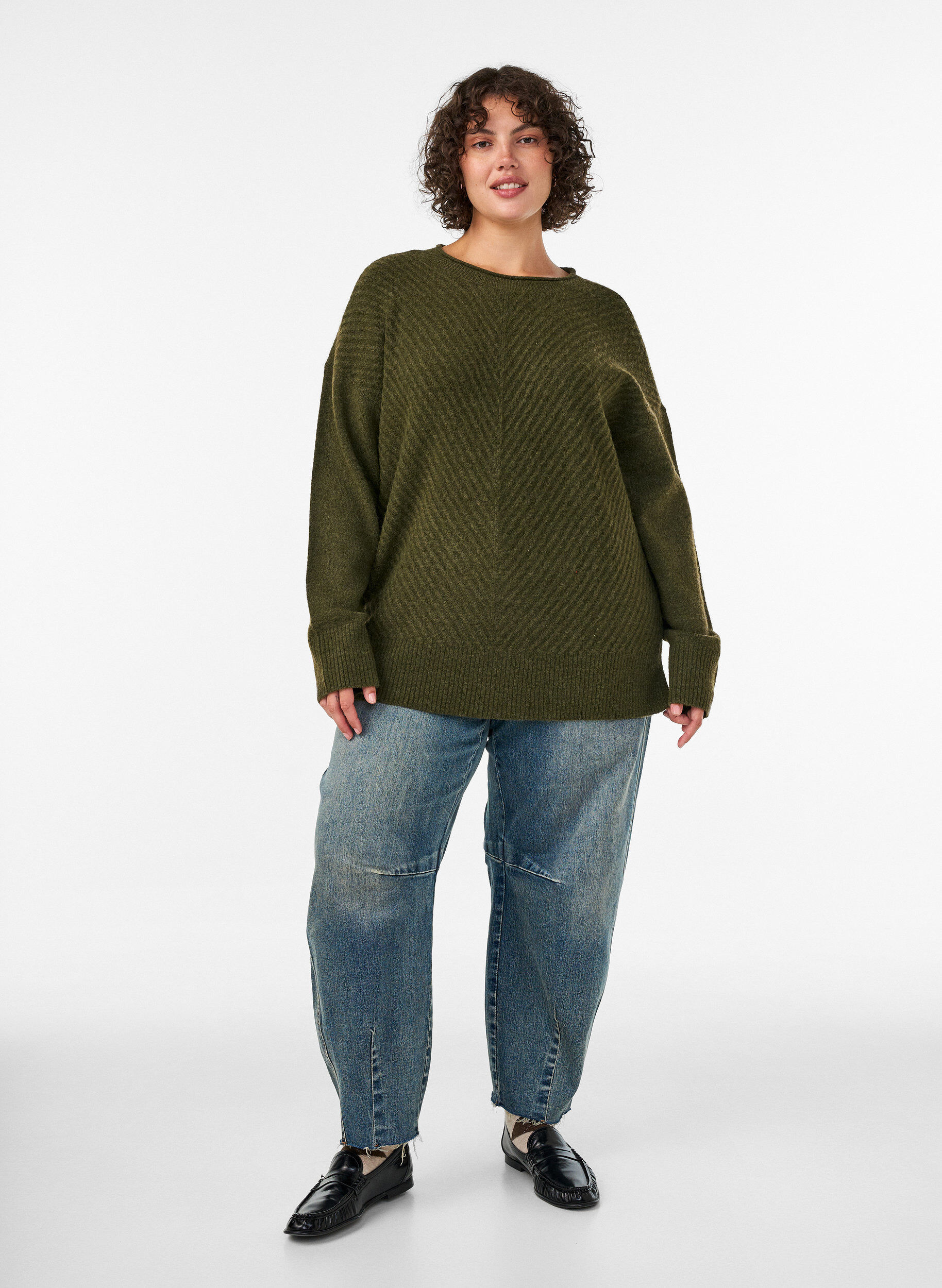 ZizzifashionKnitted blouse with V-shaped rib pattern and slits, Green, Model image number 1