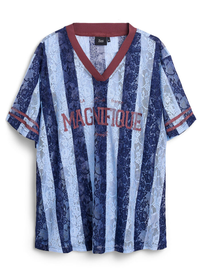 Striped lace blouse with statement print, Light Blue, Packshot image number 0