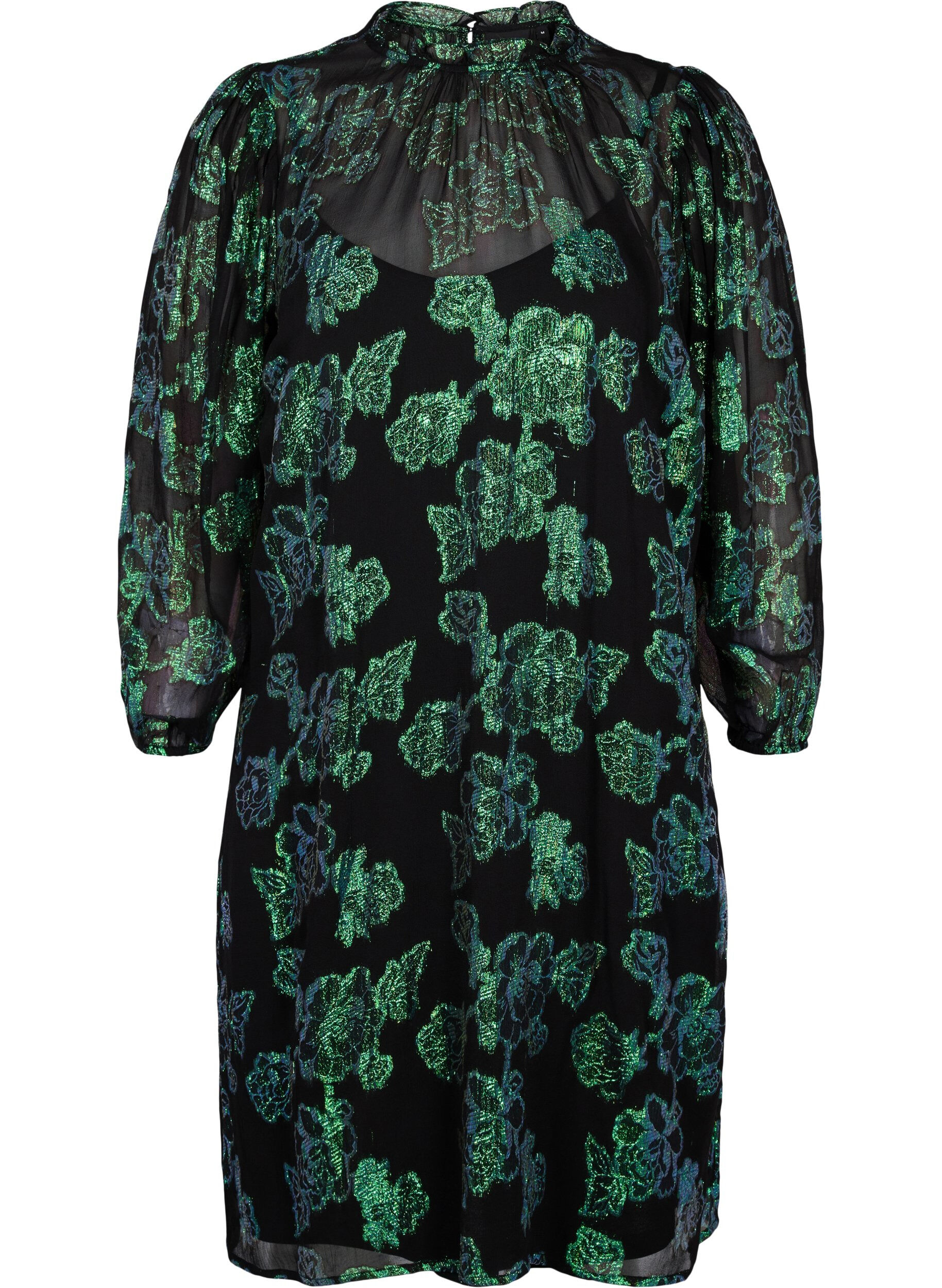 Zizzifashion Floral viscose dress with lurex structure, Black w. Green Lurex, Packshot image number 0