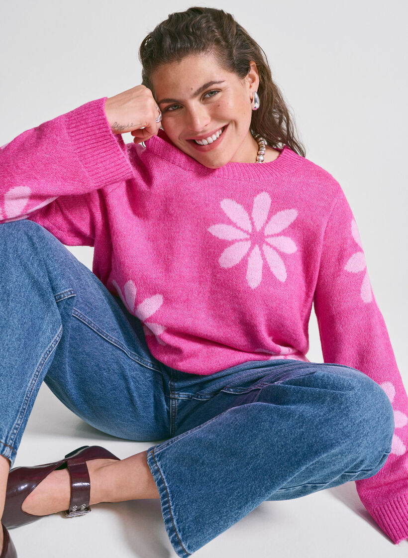 Knitted blouse with flowers, Raspberry Rose Comb, Image image number 0