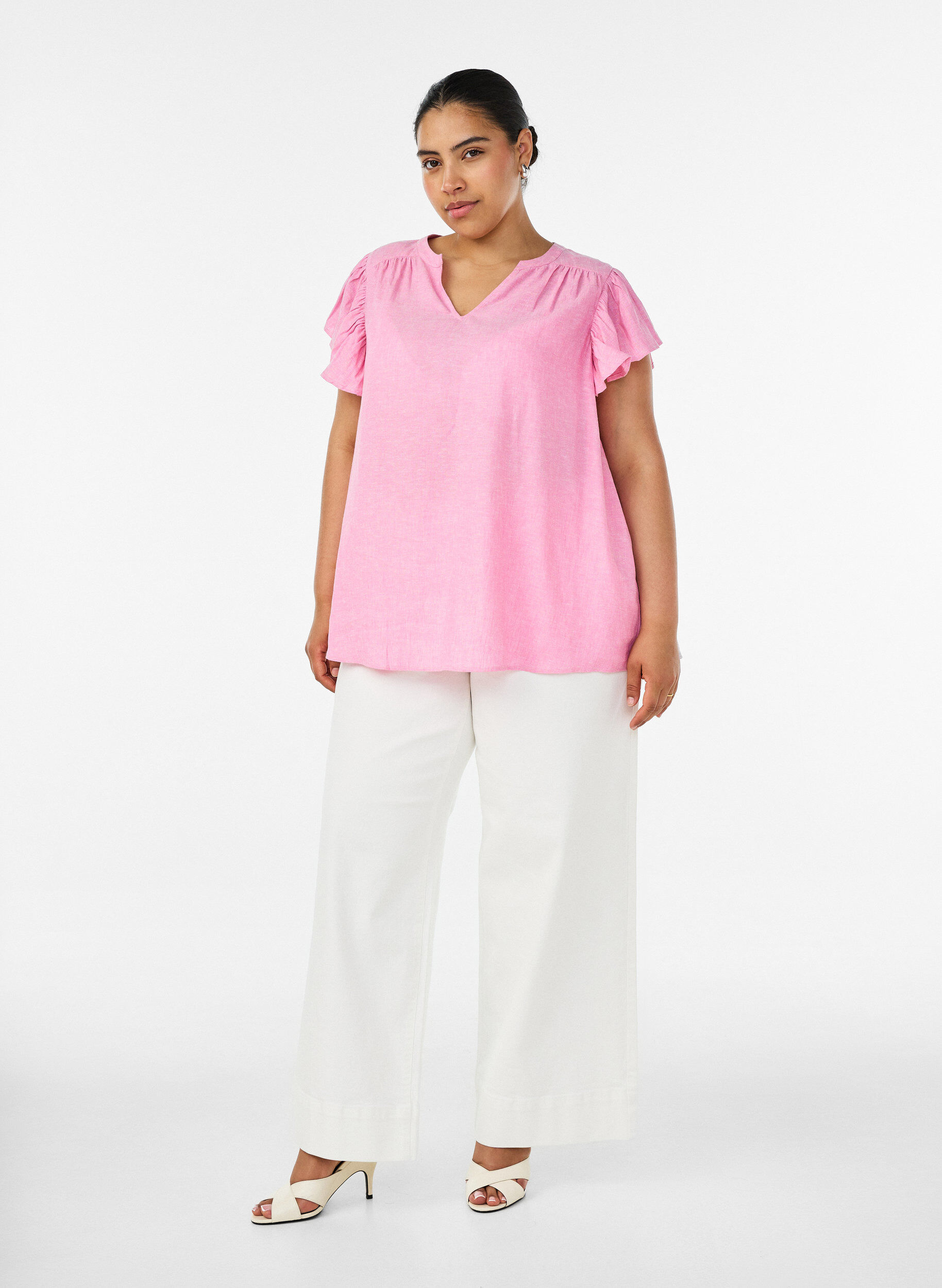 Zizzifashion Viscose and linen blouse with ruffle sleeves, Pink, Model image number 1