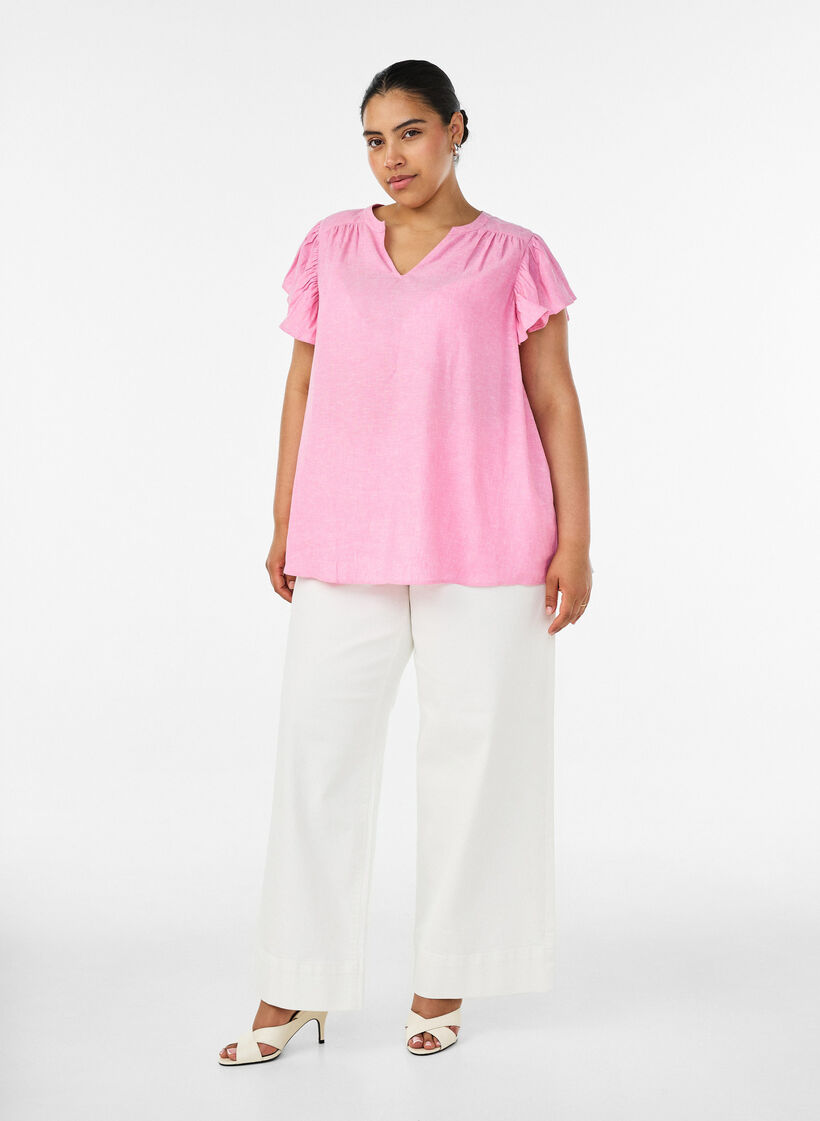Viscose and linen blouse with ruffle sleeves, Pink, Model image number 1