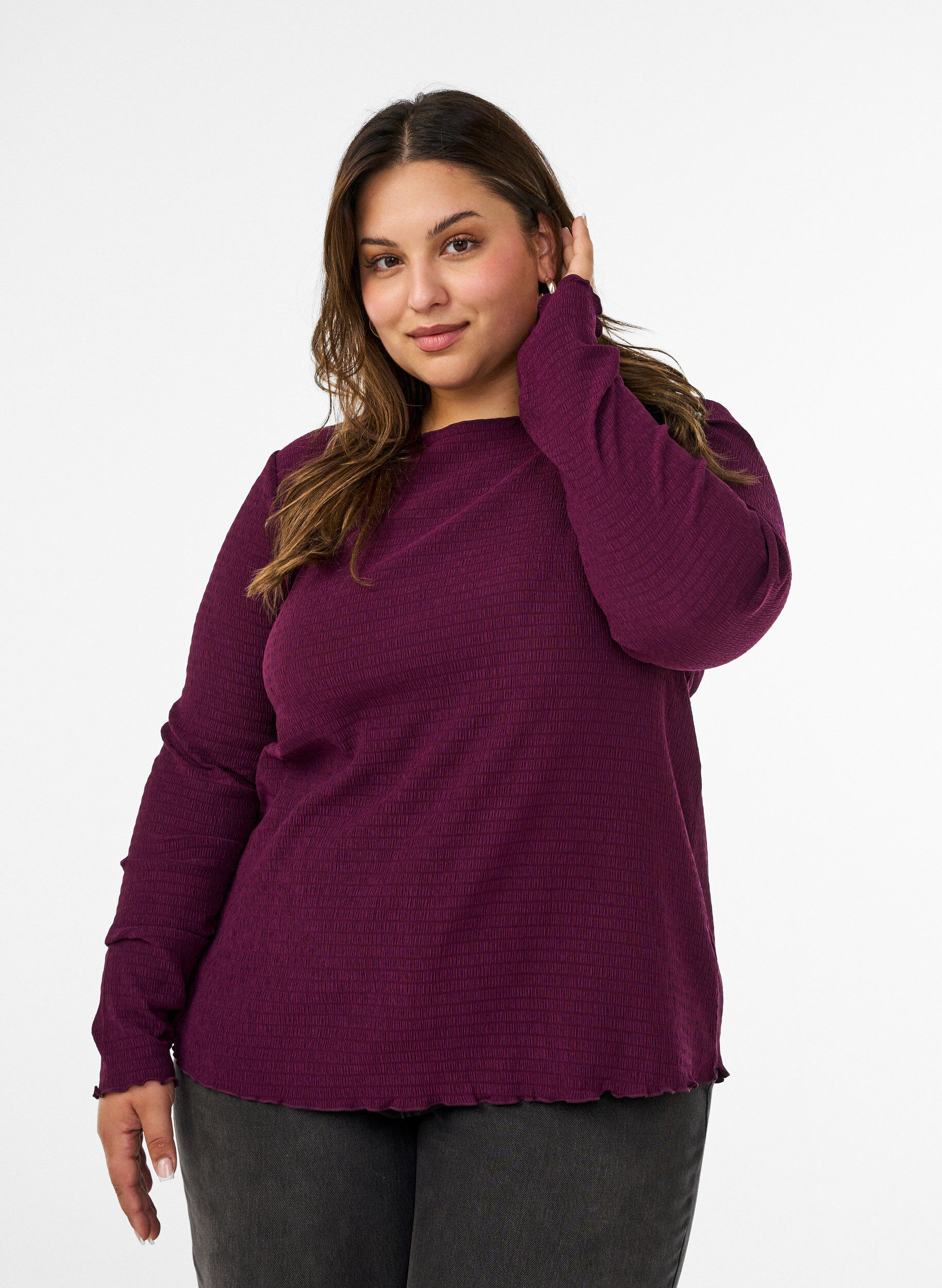ZizzifashionTextured blouse with wavy edges, Purple, Model image number 0