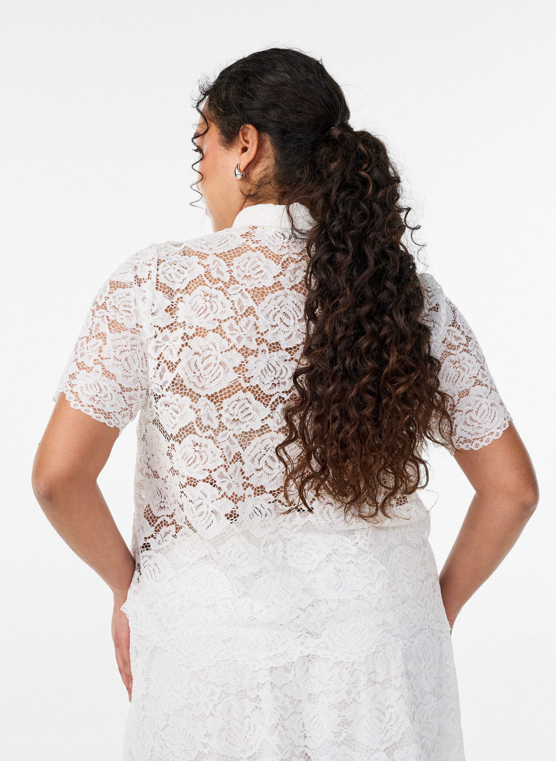 Zizzifashion Lace shirt blouse with pearl buttons, White, Model image number 2