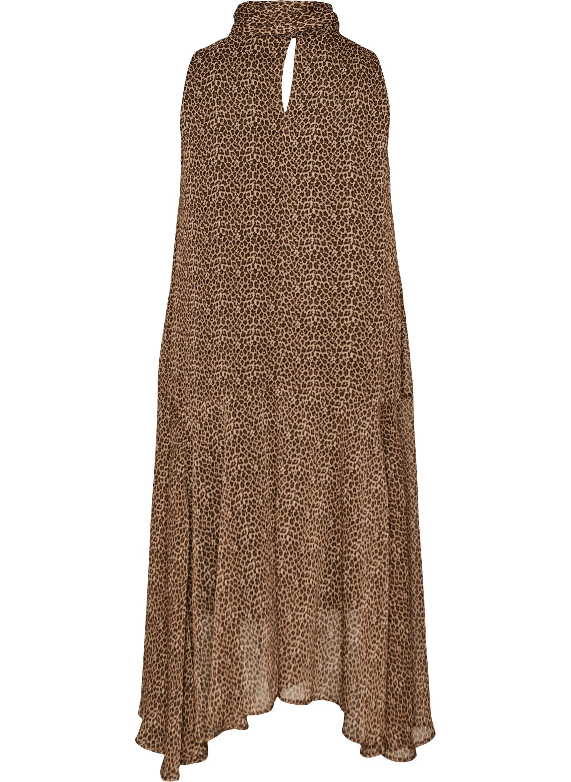 Zizzifashion Midi dress in chiffon with leopard print and a tie-waist, Brown, Packshot image number 1