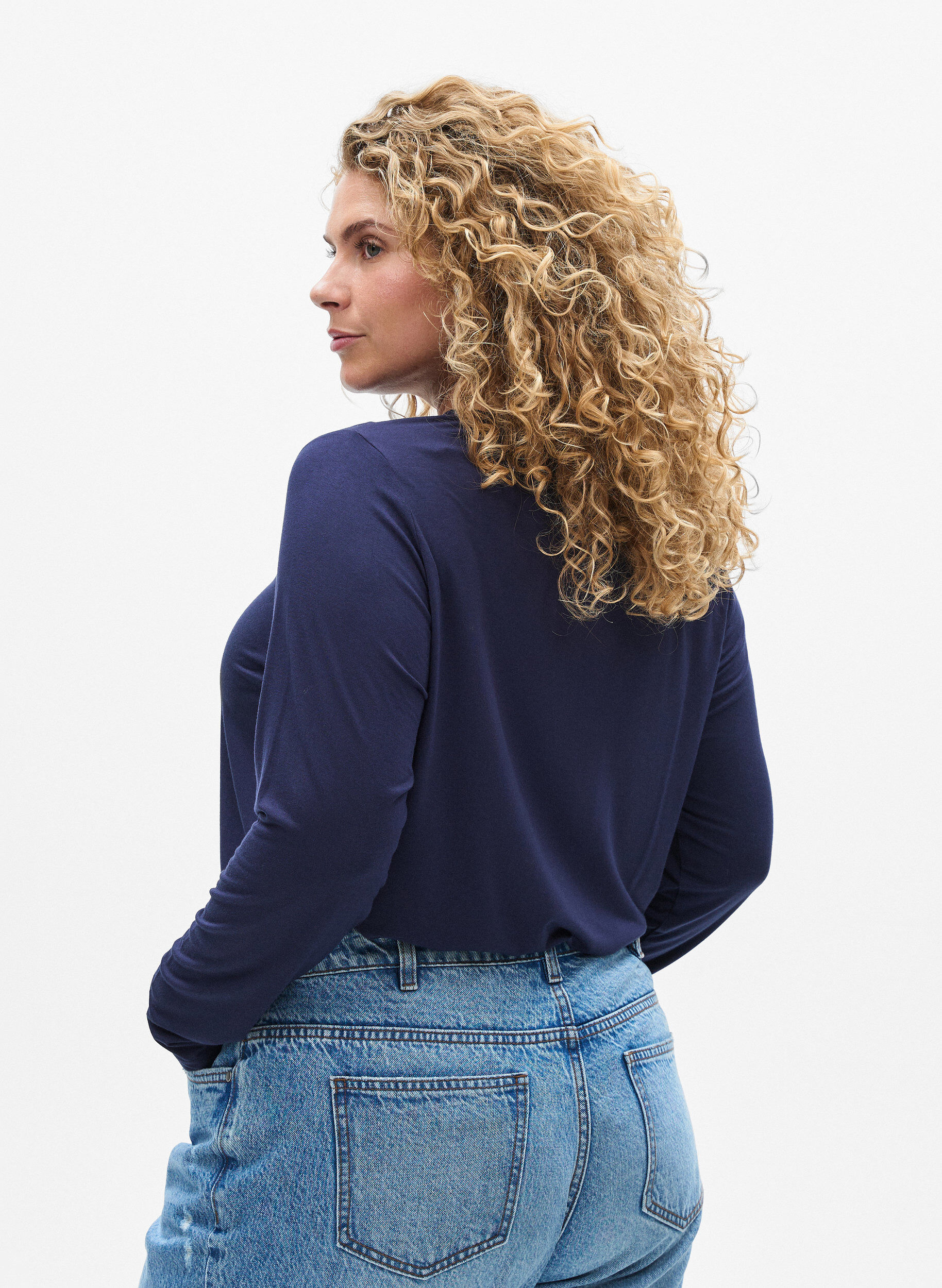 Zizzifashion Solid coloured blouse with long sleeves, Blue, Model image number 2
