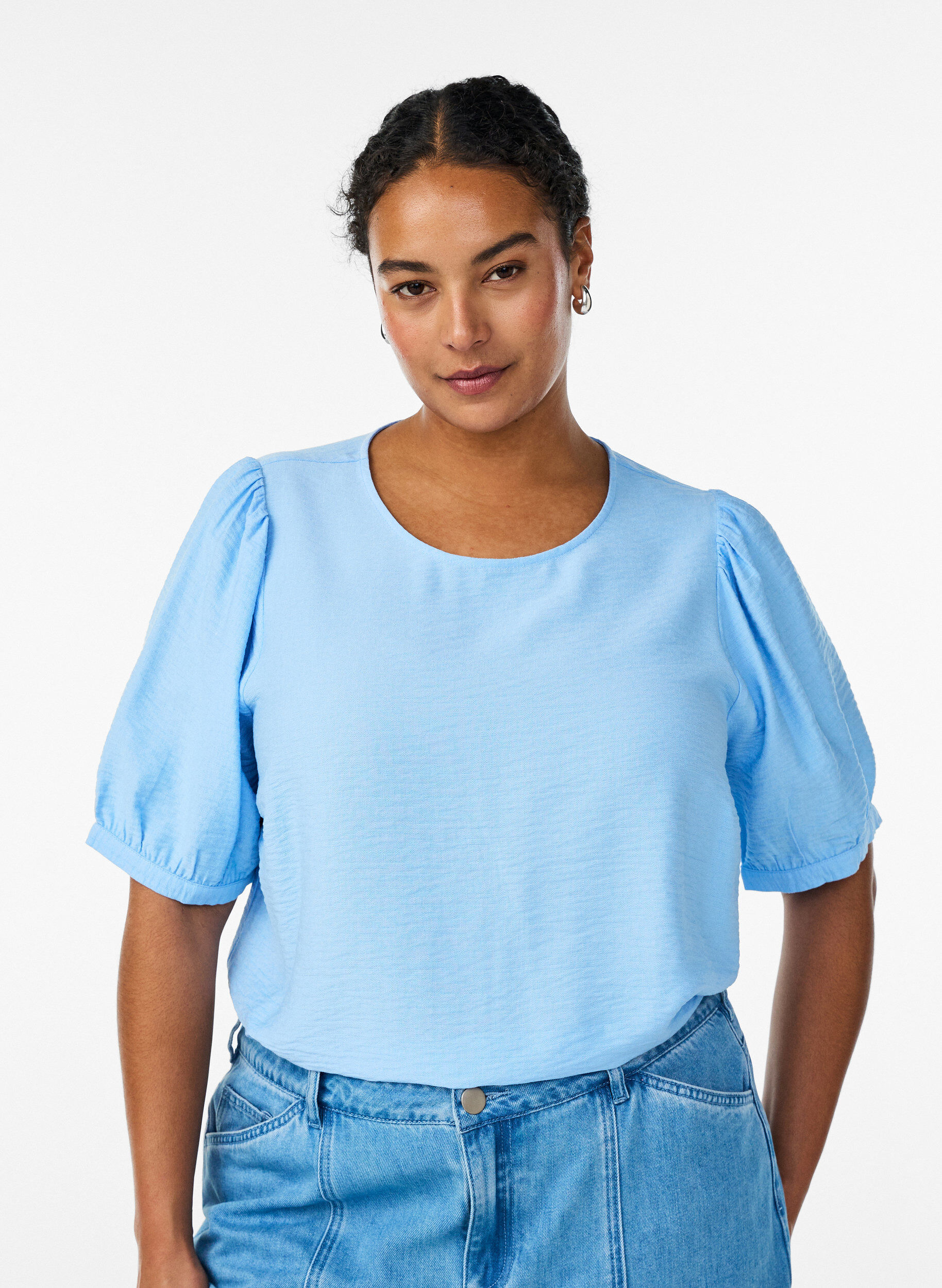 Zizzifashion Viscose blouse with 1/2 sleeves, Light Blue, Model image number 0