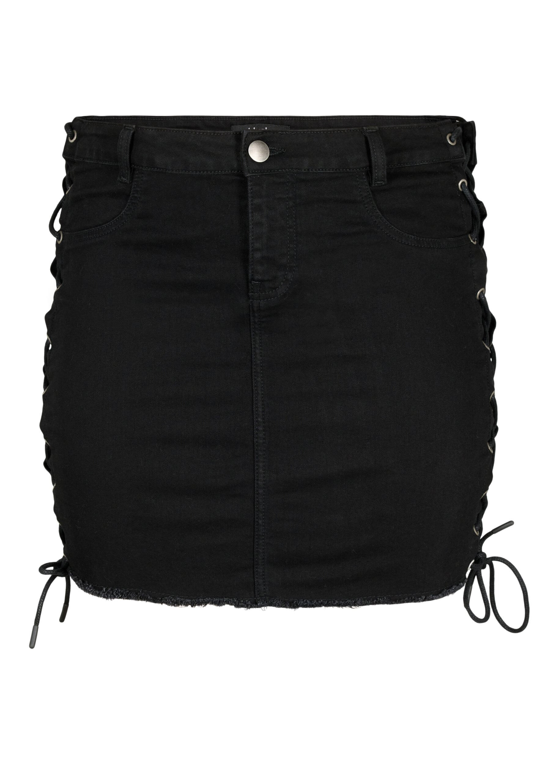 Zizzifashion Short denim skirt with lace-up details, Black, Packshot image number 0