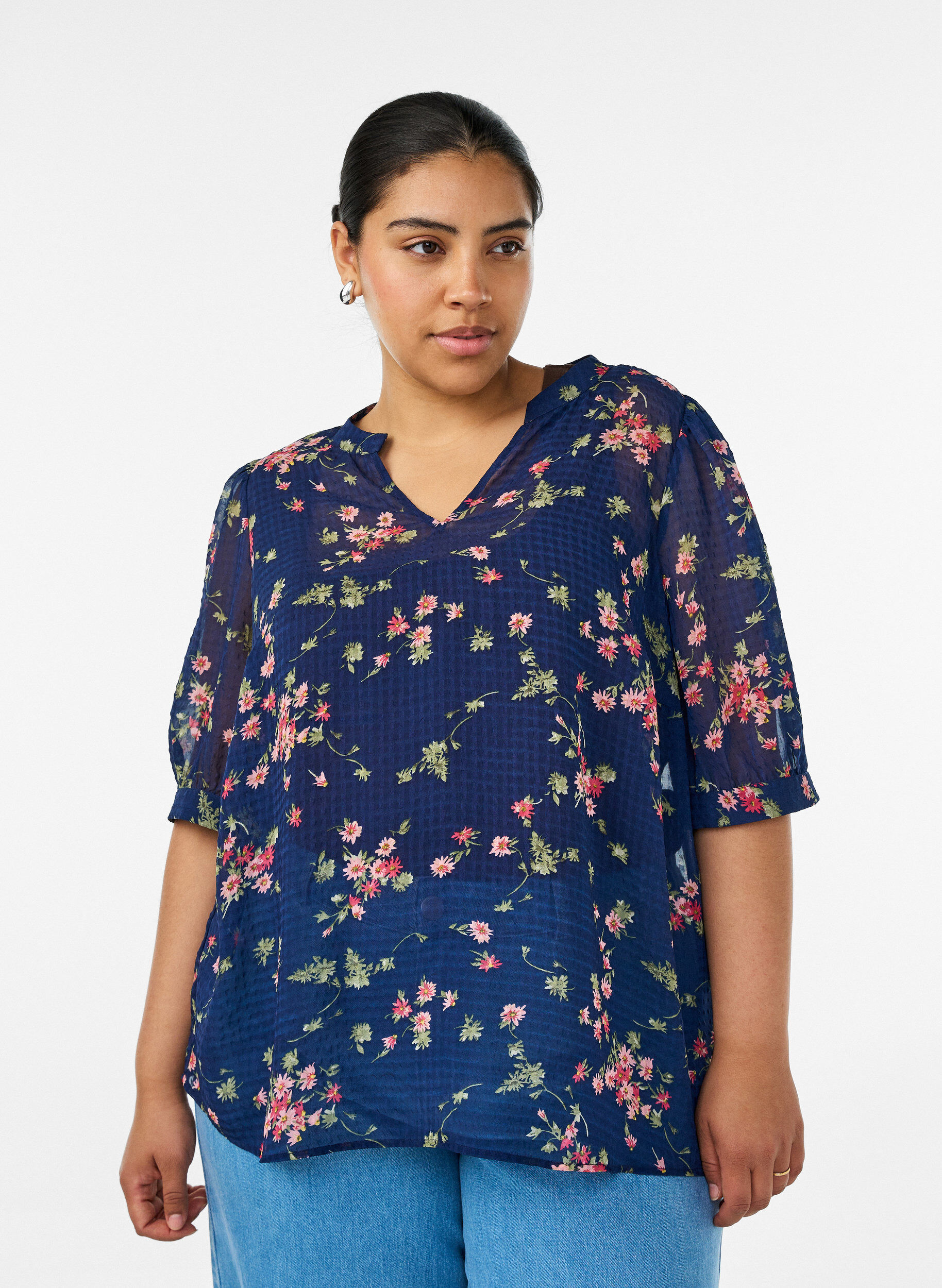 Zizzifashion Blouse with floral print and V-neck, Blue, Model image number 0