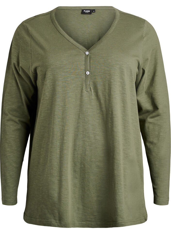 Long-sleeved t-shirt with V-neck and buttons, Green, Packshot image number 0