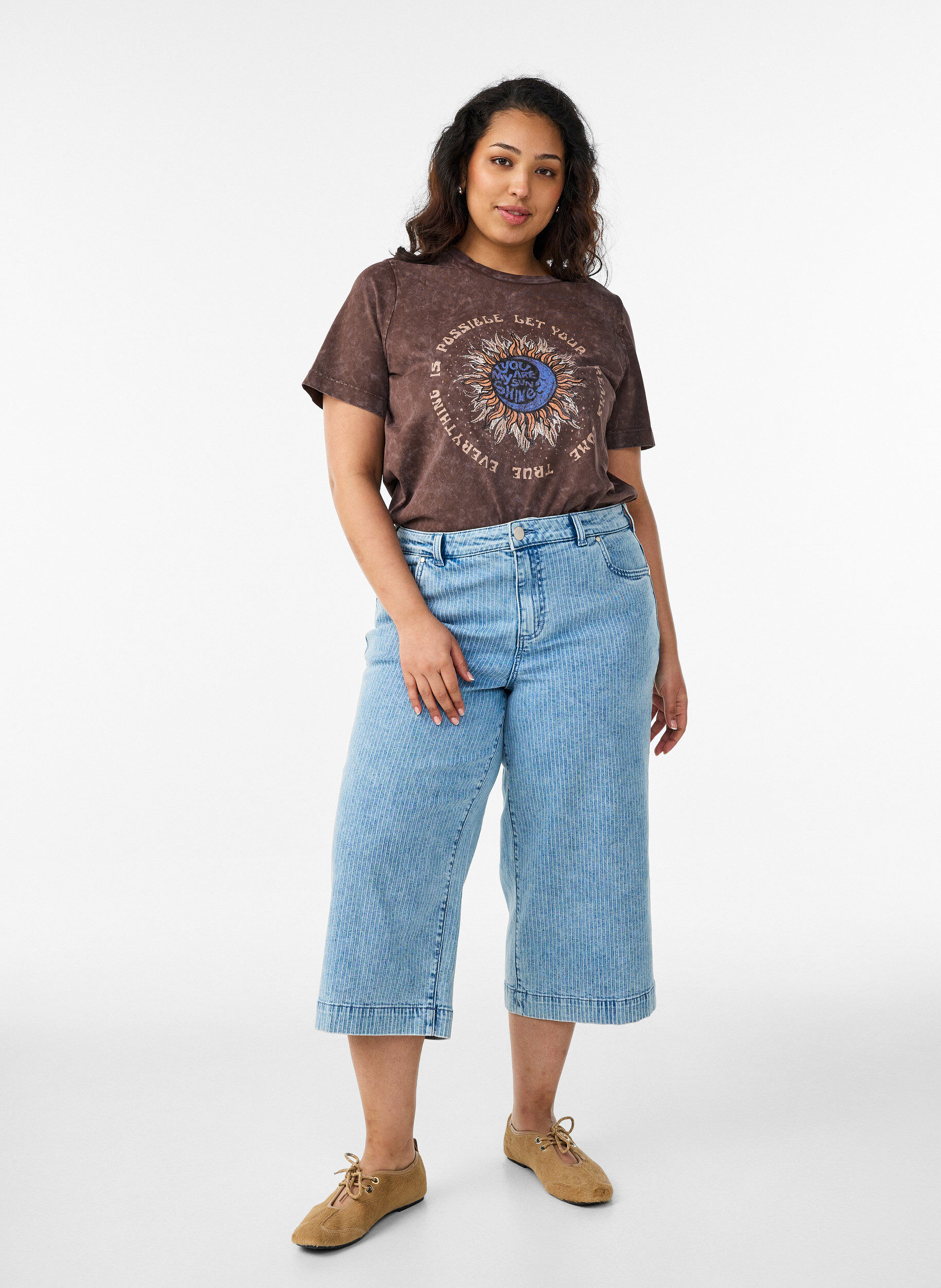 Zizzifashion Cotton T-shirt with front print, Brown, Model image number 1