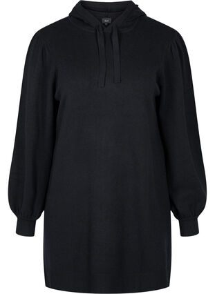 Hooded knitted dress with balloon sleeves, Black, Packshot image number 0