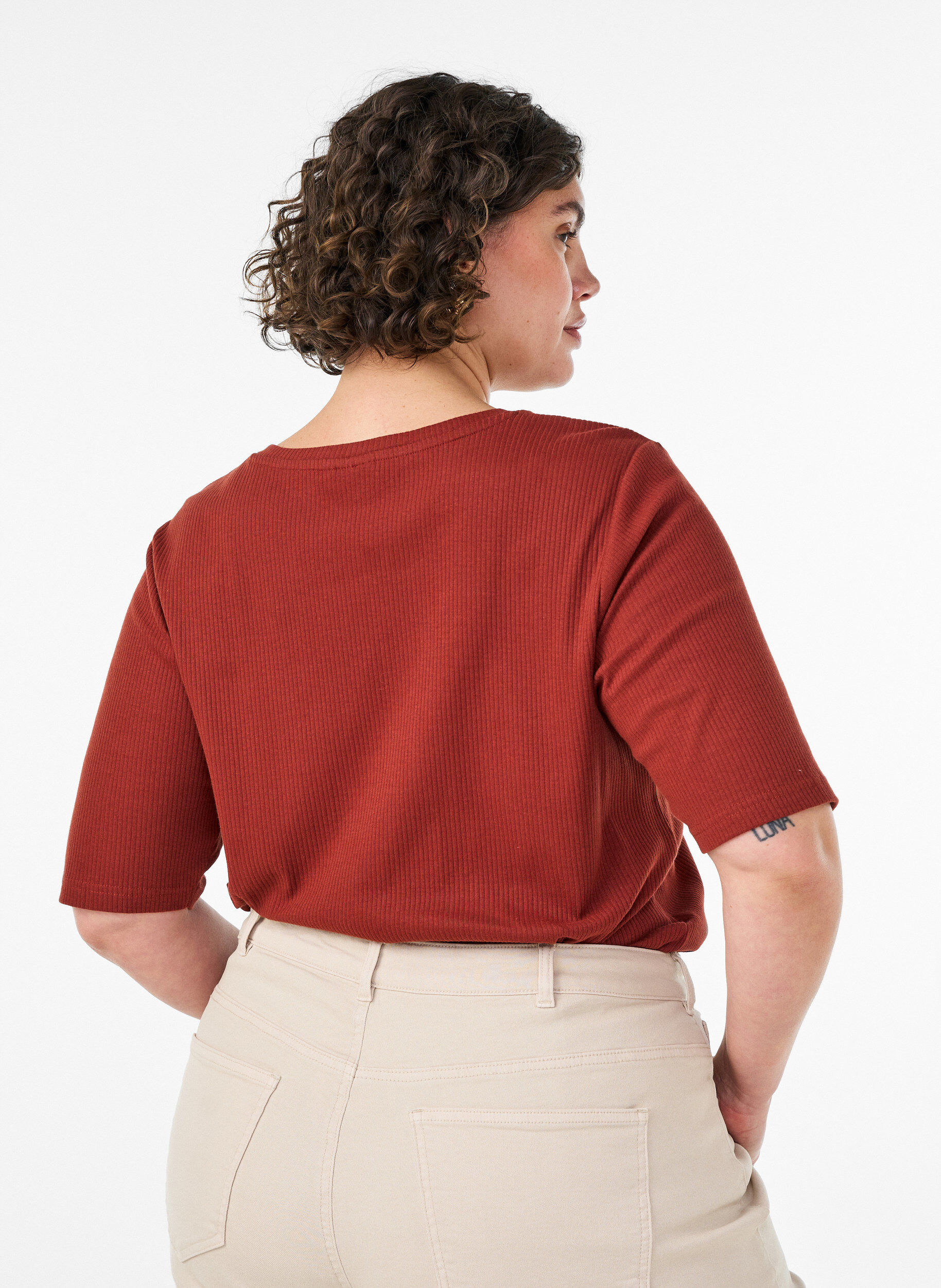 Zizzifashion Ribbed jersey blouse with short sleeves, Red, Model image number 2