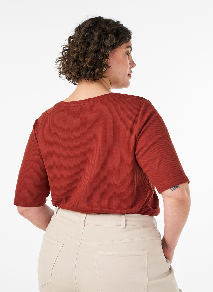 Ribbed jersey blouse with short sleeves, Red, Model image number 2