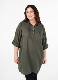 Hooded tunic in cotton and linen, Thyme, Model