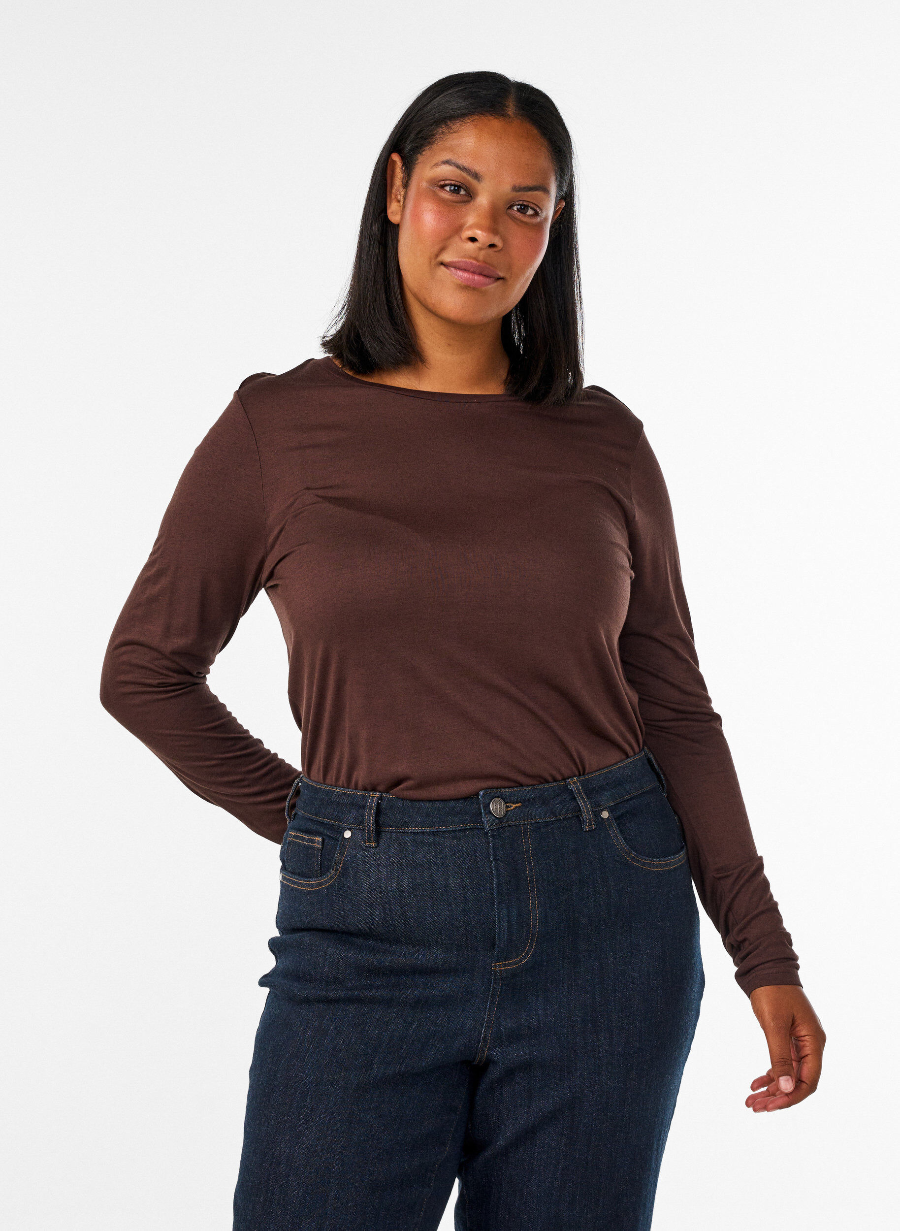 ZizzifashionLong-sleeved blouse in wool and viscose, Brown, Model image number 0