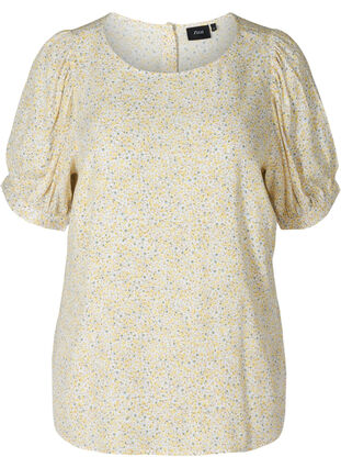 Printed viscose blouse with short puff sleeves, Yellow AOP Flower , Packshot image number 0