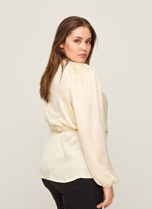 Wrap blouse with puff sleeves, Birch, Model image number 1