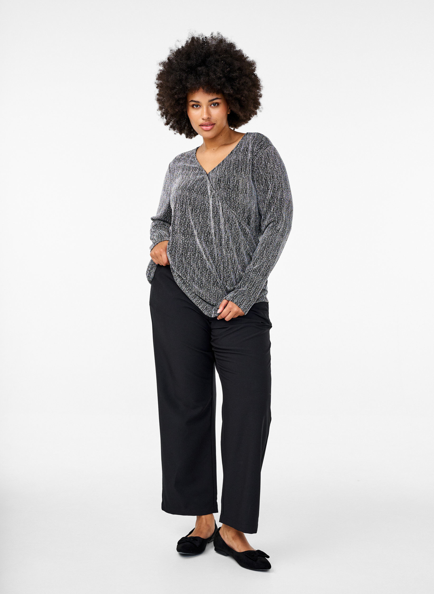 Zizzifashion Wrap-look glitter party top, Black, Model image number 1