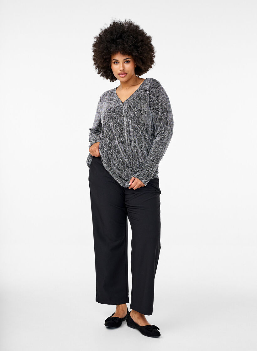 Wrap-look glitter party top, Black, Model image number 1