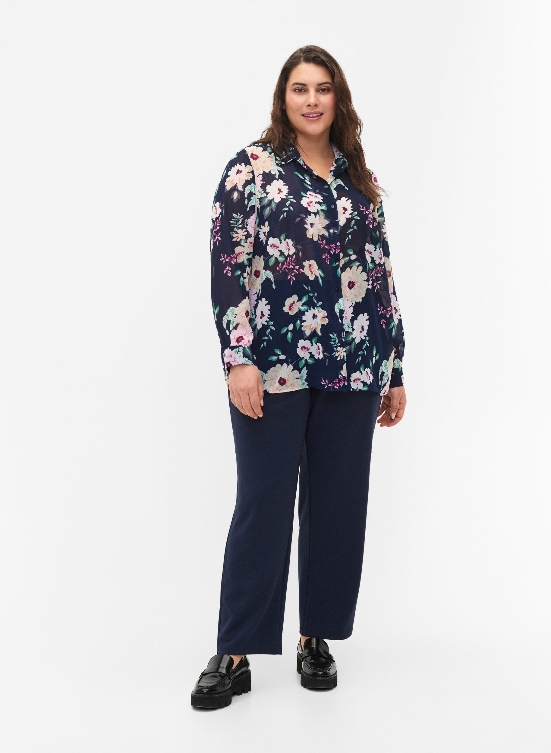 Zizzifashion FLASH - Long sleeve shirt with floral print, Navy Flower, Model image number 2