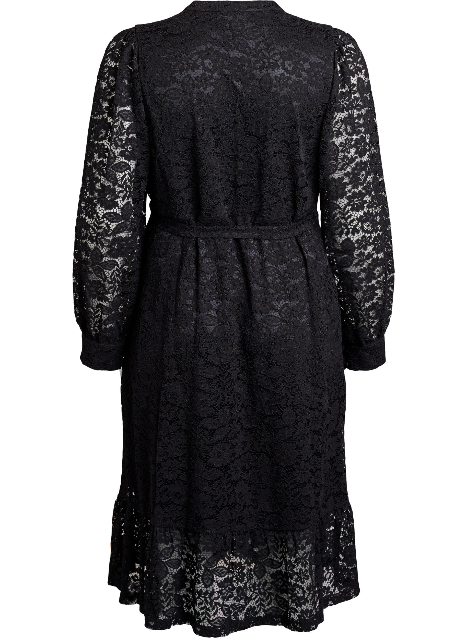 Zizzifashion Lace dress with long sleeves and a tie belt, Black, Packshot image number 1