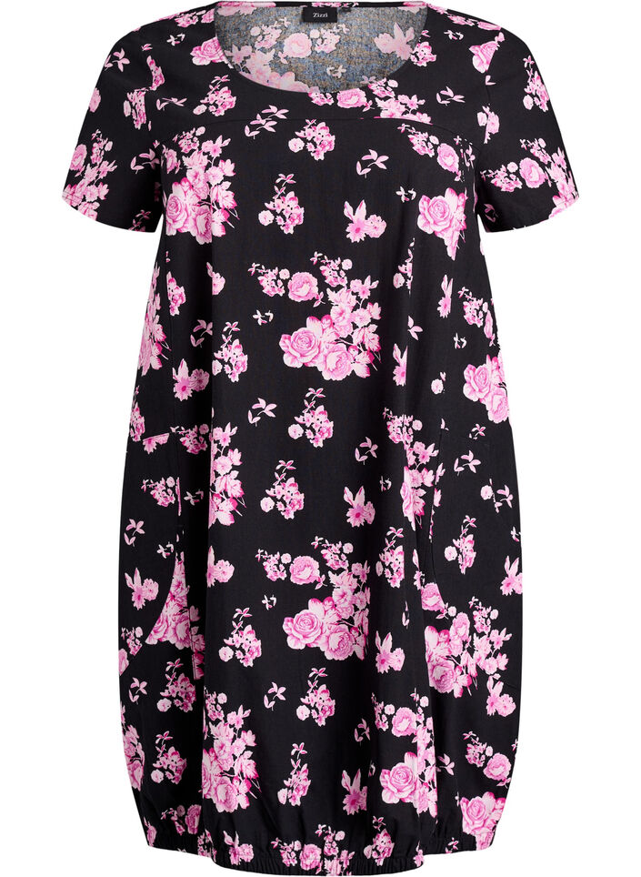 Short-sleeved cotton dress with print, Black, Packshot image number 0