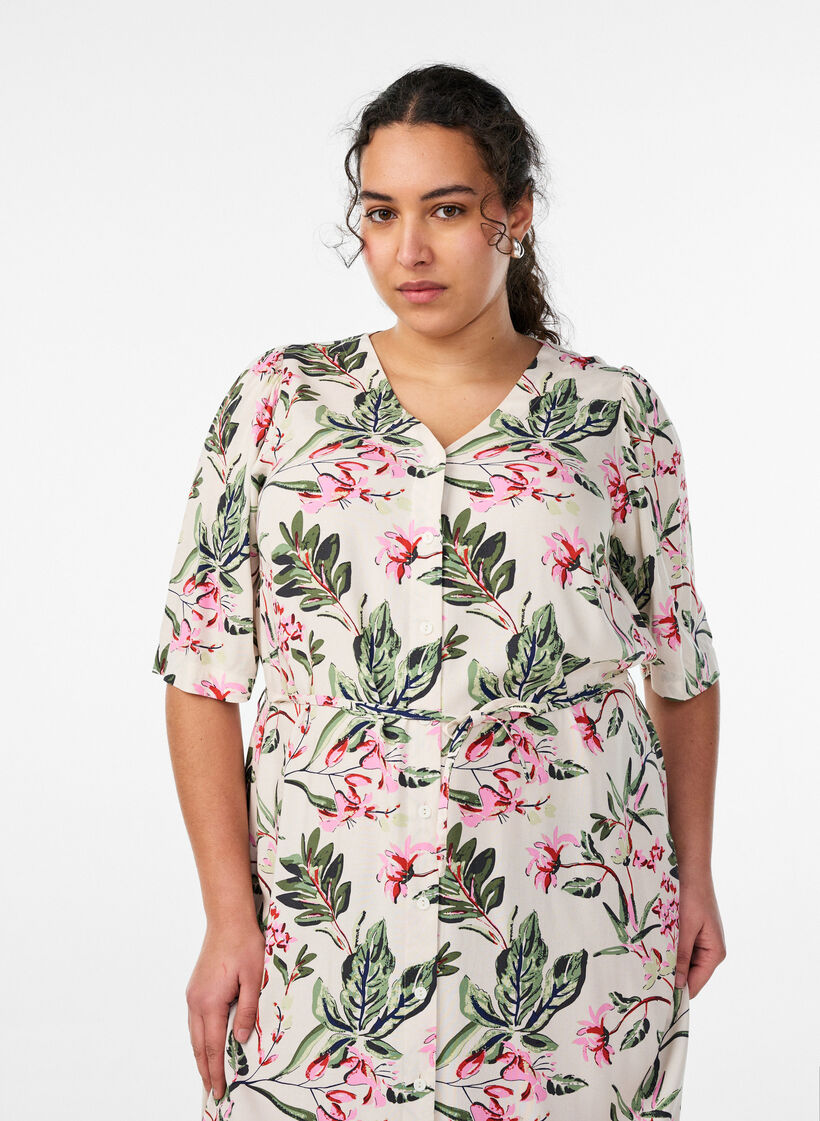 Midi dress with print and tie belt, Vanilla, Model image number 2
