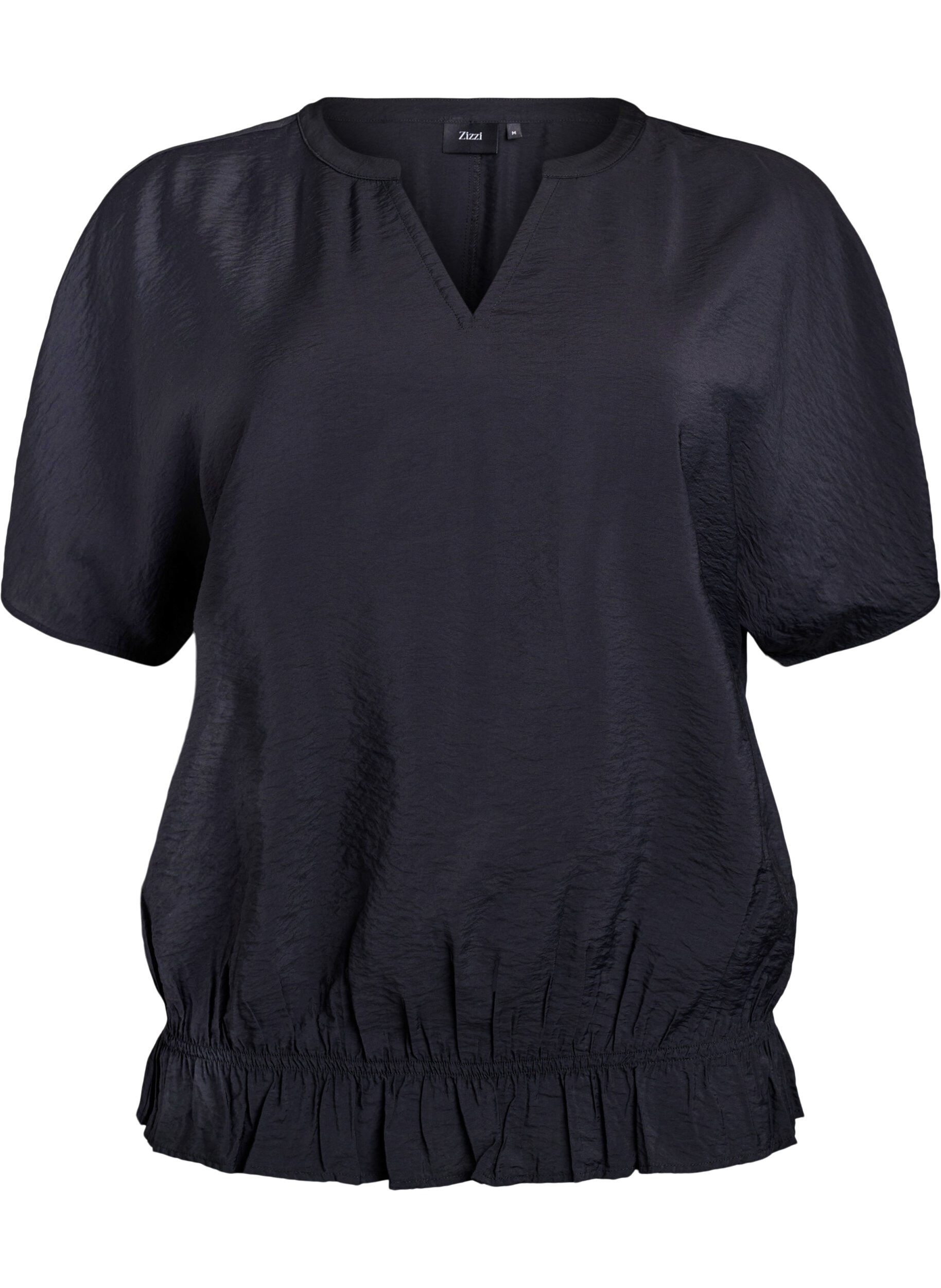 Zizzifashion Blouse with short sleeves and a ruffled hem, Black, Packshot image number 0