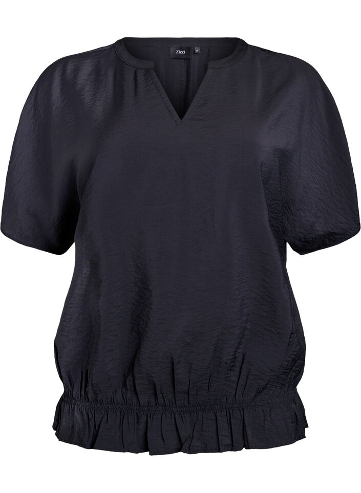 Blouse with short sleeves and a ruffled hem, Black, Packshot image number 0