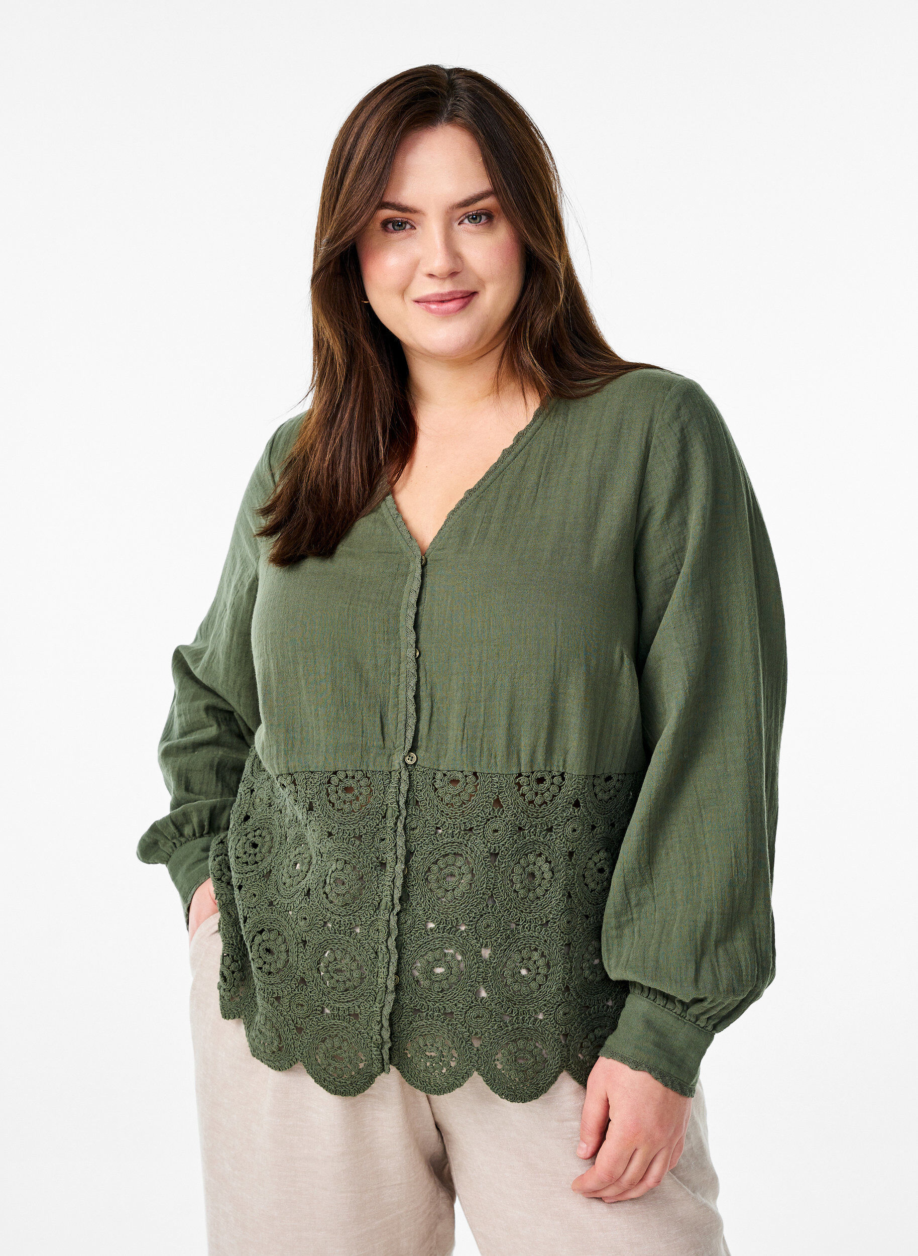 Zizzifashion Cotton muslin shirt blouse with crochet details, Green, Model image number 0