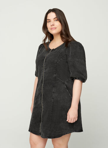 Short-sleeved denim dress with a zip, Grey Denim ASS, Model image number 0