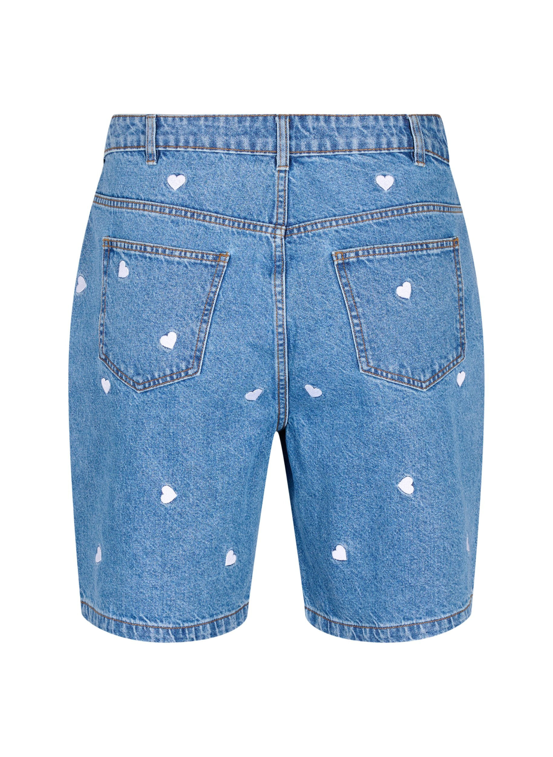 Zizzifashion High-waist denim shorts with embroidered hearts, Light Blue, Packshot image number 1