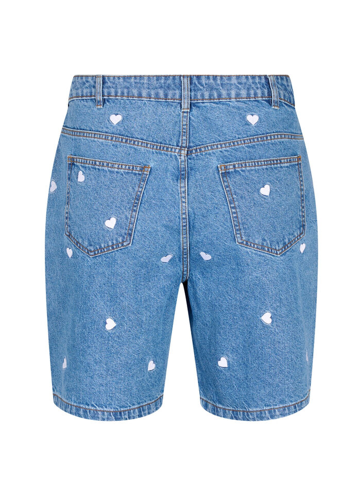 High-waist denim shorts with embroidered hearts, Light Blue, Packshot image number 1