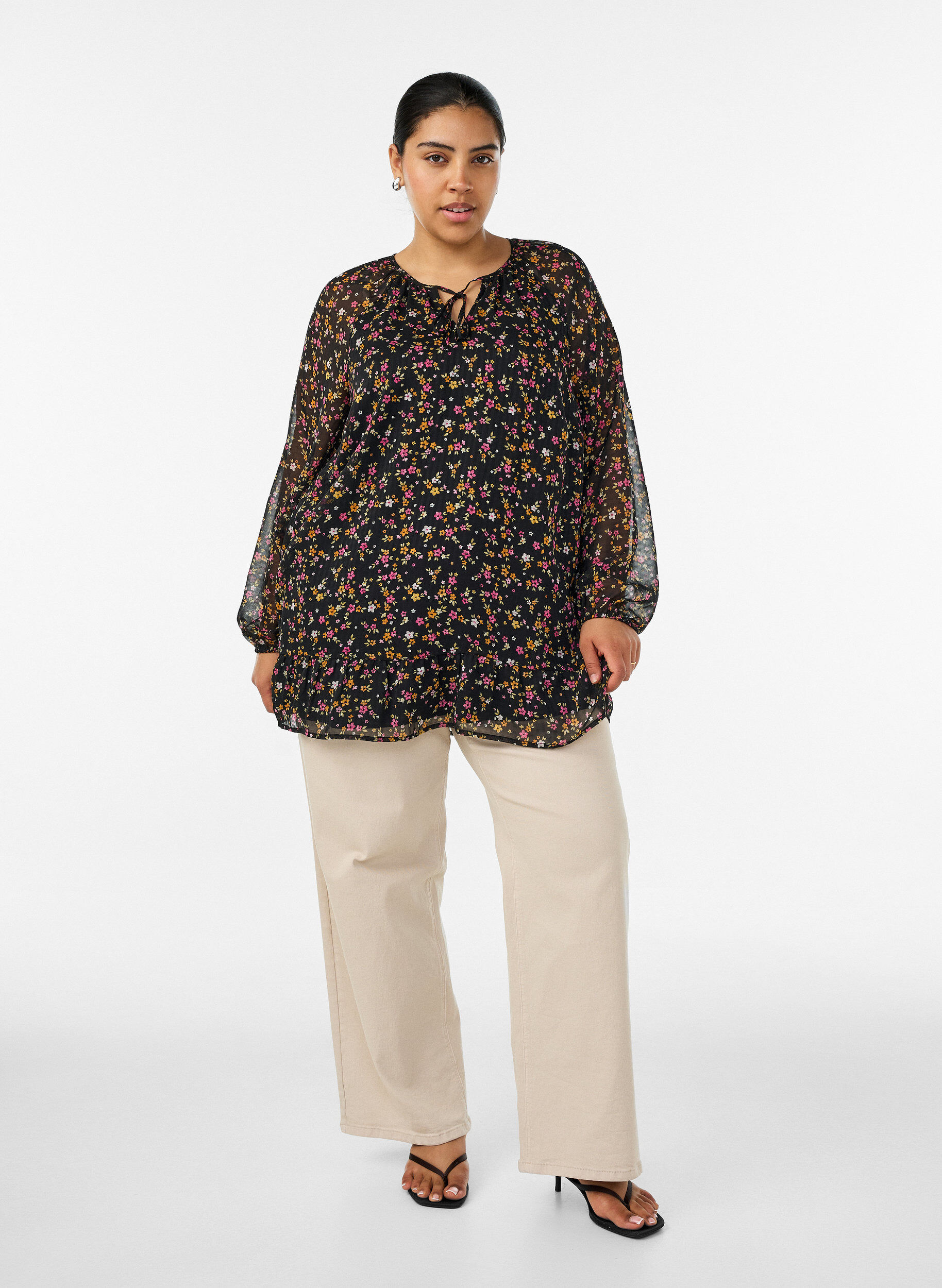 ZizzifashionFloral print A-line tunic, Black, Model image number 1