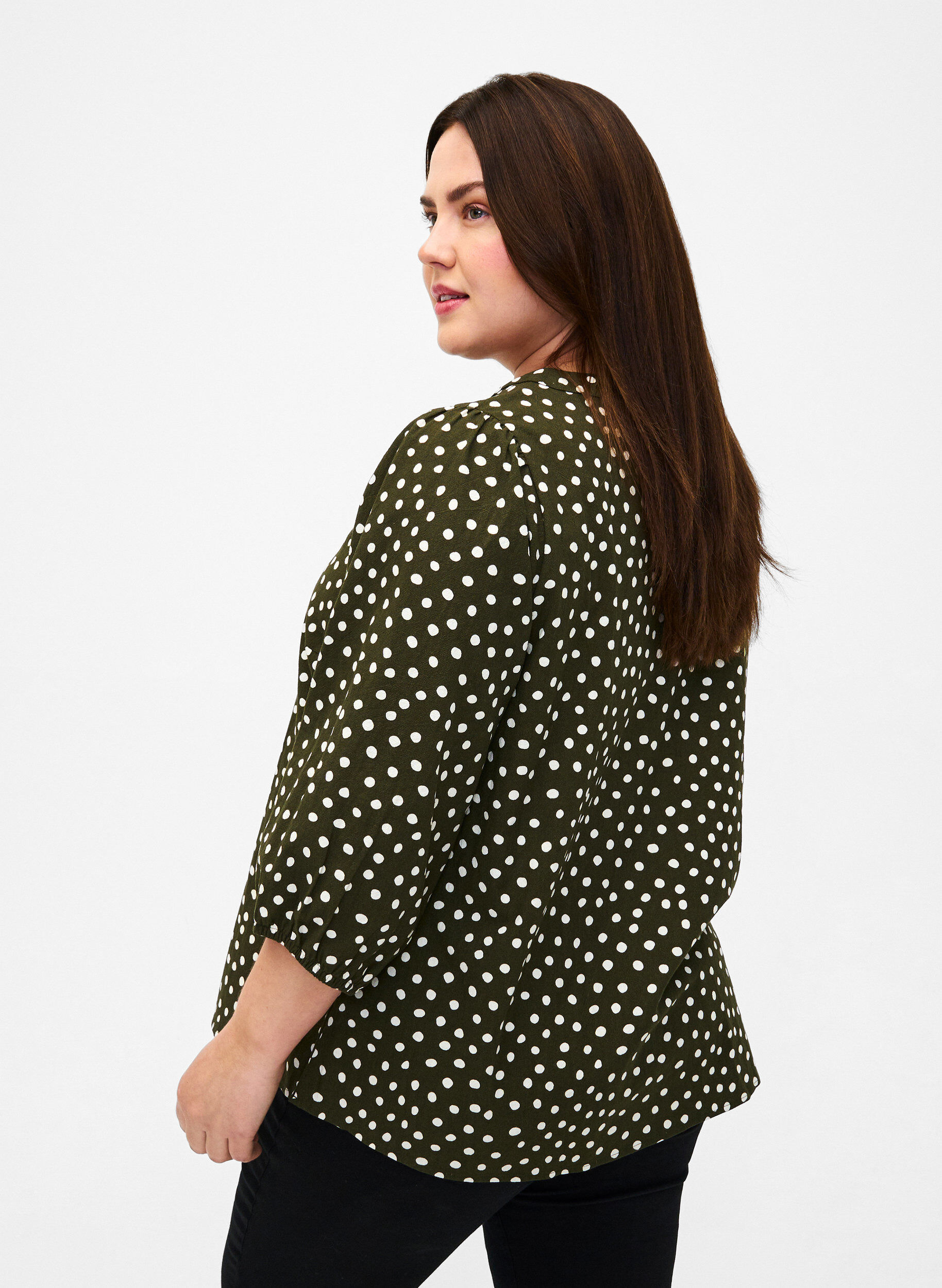 Zizzifashion 3/4 sleeve cotton Blouse with polka dots, Forest Night Dot, Model image number 1