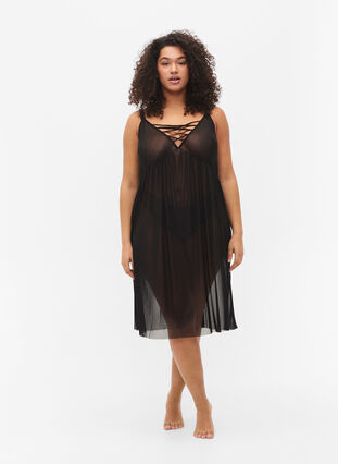 Mesh nightdress with string, Black, Model image number 2