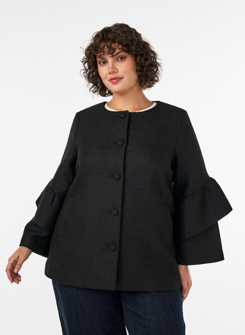 Boucl&eacute; jacket with ruffle details, Black, Model image number 3