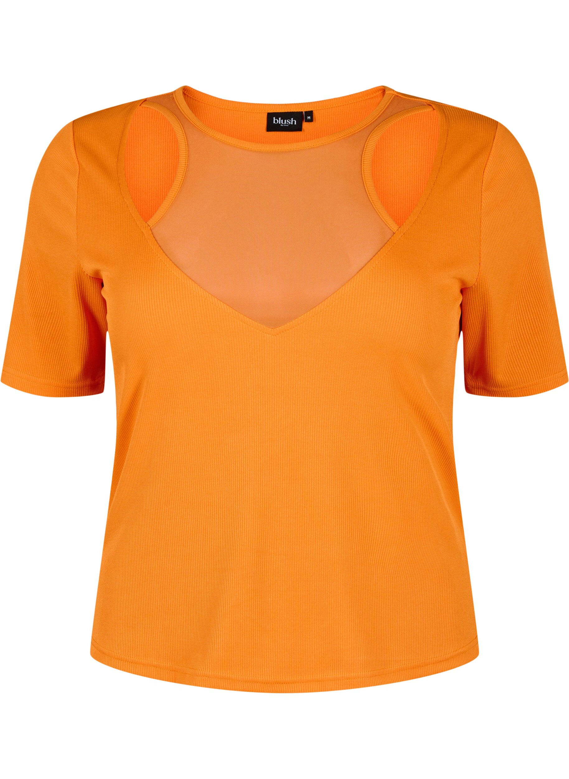 Zizzifashion Tight-fitting V-neck blouse with mesh detail, Vibrant Orange, Packshot image number 0